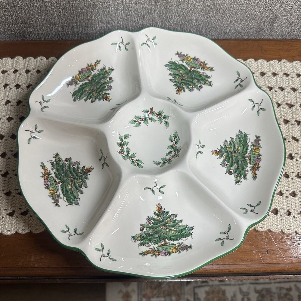 Spode Christmas Tree 6 Section Round Server Relish Tray 11" Scalloped Appetizer
